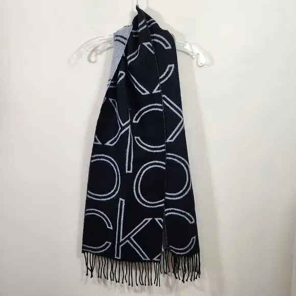 Calvin Klein gray & black CK logo reversable long scarf with fringe detail - Picture 5 of 8